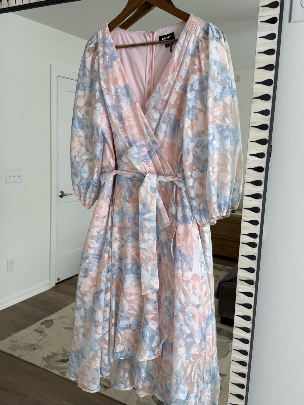 DKNY Pastel Floral Wrap Midi Dress in Blush and Powder Blue